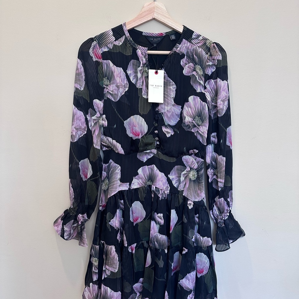 Ted Baker Black Floral Pleated Dress with Lavender Accents